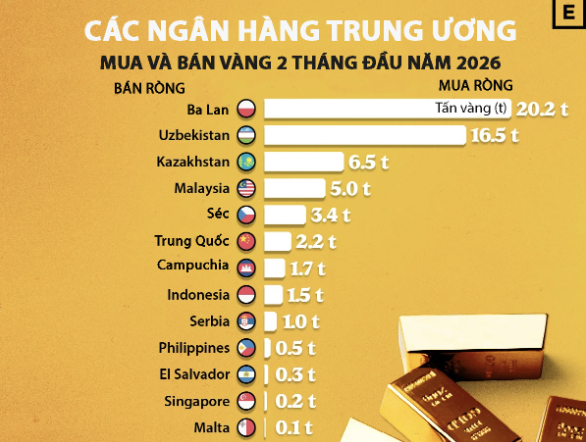 Toàn cảnh mua bán vàng của các ngân hàng trung ương trong 2 tháng đầu năm 2026